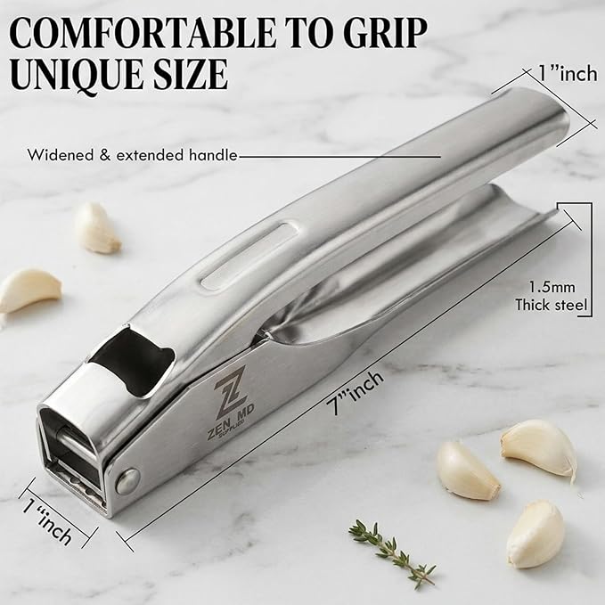 Premium Garlic Press Stainless Steel, Heavy Duty Mincer & Crusher Tool, Large Capacity Ginger Press and Masher, Easy Squeeze Presser, Rustproof Dishwasher Safe Kitchen Gadget