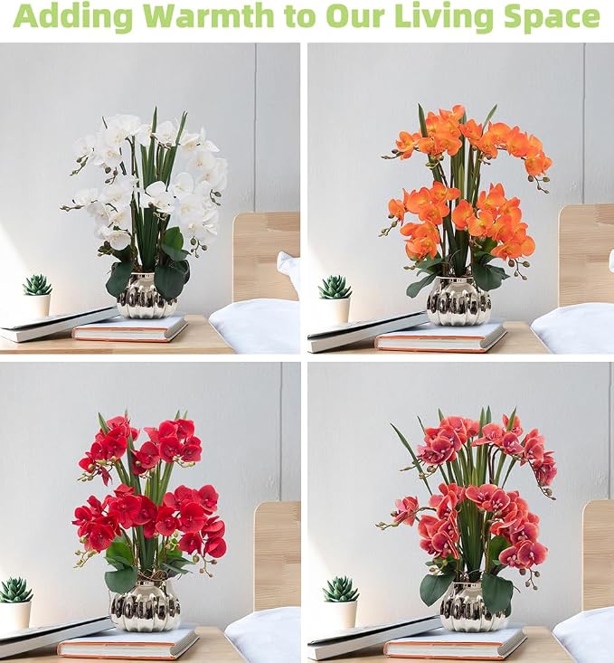 CXGS Artificial Orchid Flower Real Touch Faux Orchids in Ceramic Vase Large 22.9'' Fake Flowers Orange Phalaenopsis Floral for Home Indoor Decor