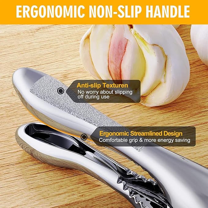 2-in-1 Garlic Press Stainless Steel Garlic Slicer, Silver Garlic Mincer Handheld Garlic Crusher, Easy to Clean and Squeeze Garlic Masher, Dishwasher Safe
