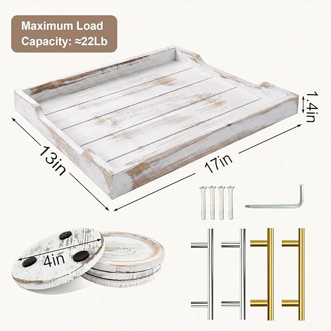 Wood Serving Tray with Metal Handles, 17x13in Large Wooden Tray for Ottoman, Coffee Table, Breakfast, Dinner & Bar, Decorative Tray for Living Room, Bedroom, Bathroom and Kitchen, Off-White