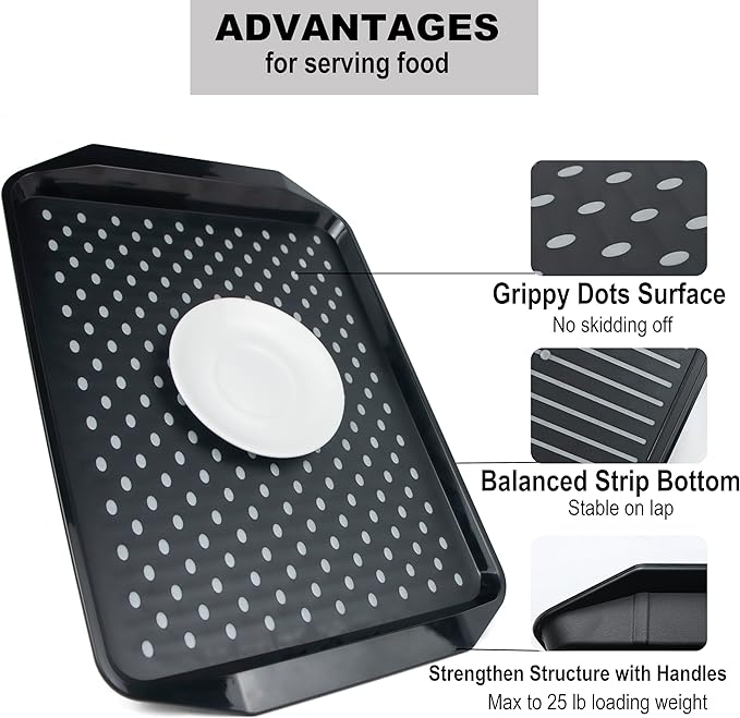 Large Non Slip Serving Tray with Grippy Dots, TV Lap Trays for Eating on Couch, Meal Serve for Dinner Breakfast, Rectangular Food Carrying for Plates, Glasses, Dishes, Set of 2,Black and White