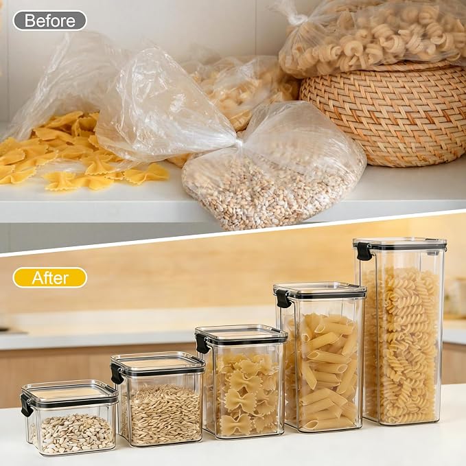 5 Piece Airtight Food Storage Containers Set, Food Grade BPA Free 1800/1300/950/700/460ml Leak Proof Stackable Canisters, Clear Storage Jars for Pantry Kitchen Dry Food Flour Spice Organization