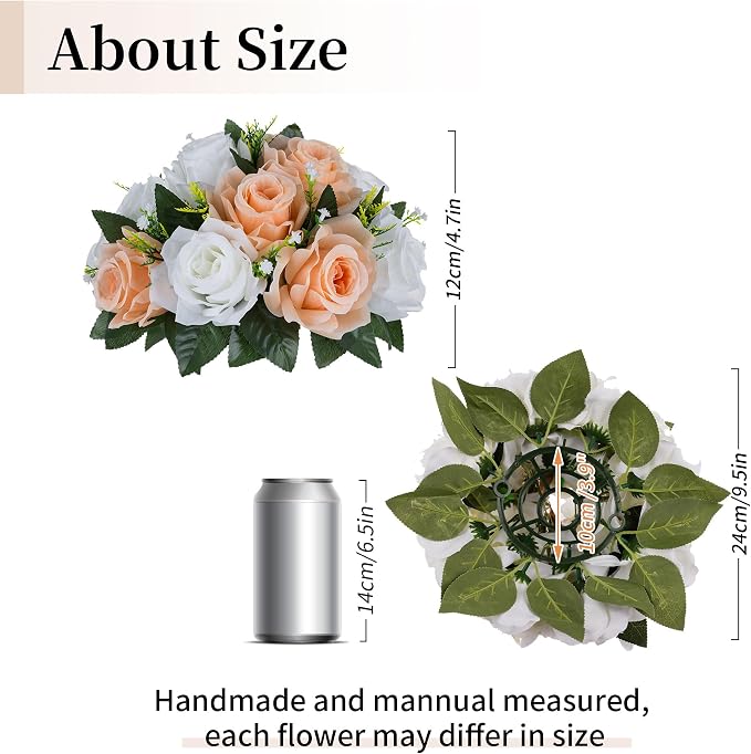 BLOSMON Flower Ball Centerpieces for Tables: 2pcs Peach Fuzz Fake Rose | 9.5 Inch Kissing Balls Floral Arrangement for Home - Artificial Silk Bouquet with Base Home for Wedding Party DIY Decoration