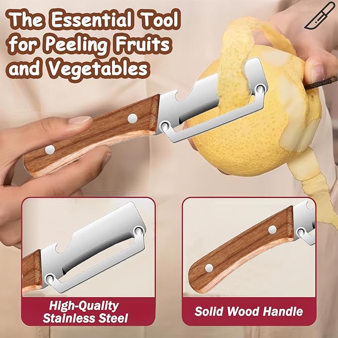 Premium Vegetable Peeler with Wooden Handle and Bottle Opener, Multi Functional Vegetable Peeler for Kitchen, Stainless Steel Blade Kitchen Tool for Vegetables or Fruits That Need to Be Peeled(1PCS)