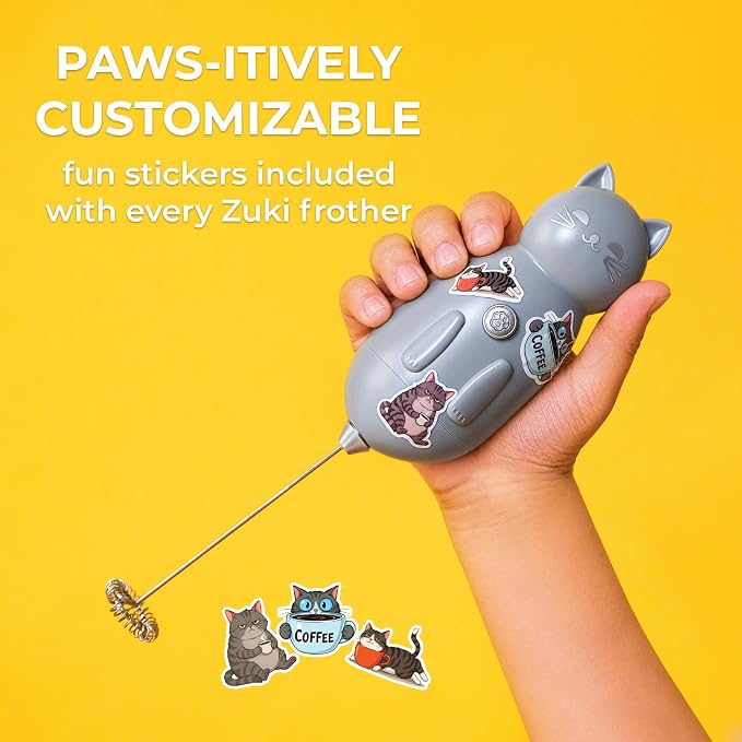 Zulay Kitchen Cat Milk Frother Wand – Cutesy Frother, Meet Your New Frothing Buddy Storm The Cat, Adoption Papers and Stickers Included, Purrr-fect for Lattes, Cappuccino & Matcha – Gray