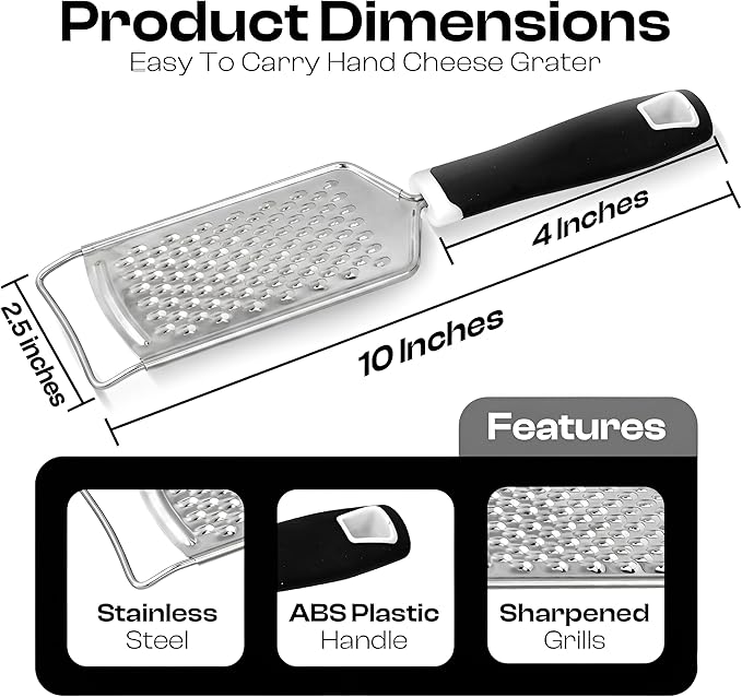 Handheld Cheese Grater & Cheese Shredder – Stainless Steel, Rust-Proof, Non-Slip Handle, Durable Flat Grater for Parmesan, Chocolate, Spices, Vegetables & More – Multi-Purpose & Easy to Clean.