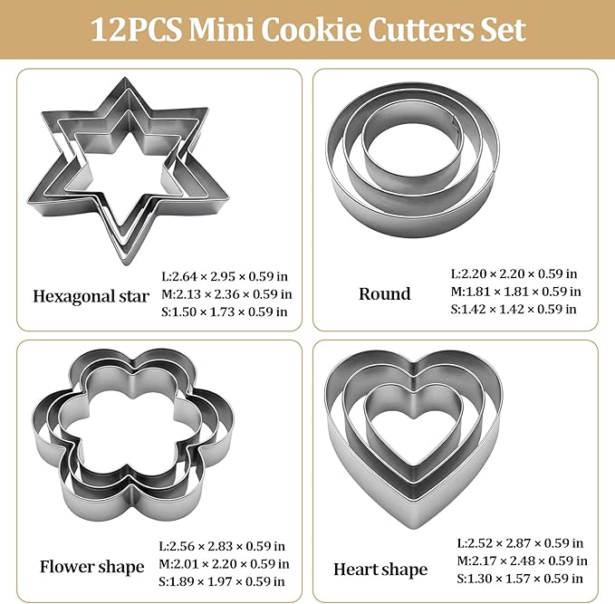 12Pcs Mini Cookie Cutters Set,Small Stainless Steel Cookie Cutters,Four Shapes & Three Sizes for Tiny Polymer Clay,Baking, Cooking, DIY Arts