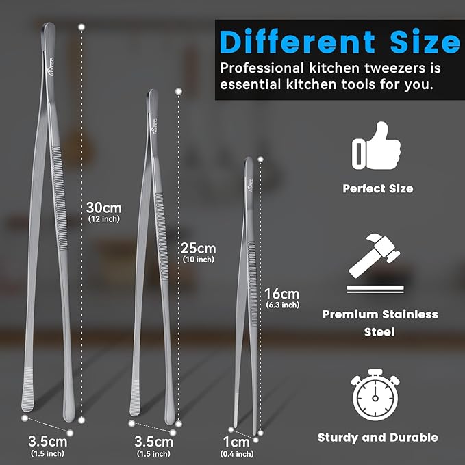 HOTEC Kitchen Tweezers Tongs Stainless Steel Professional Chef Tweezers, Set of 3-6.3", 10" and 12inch Food Tongs for Cooking, Repairing, Dessert, BBQ, Meat, Pasta