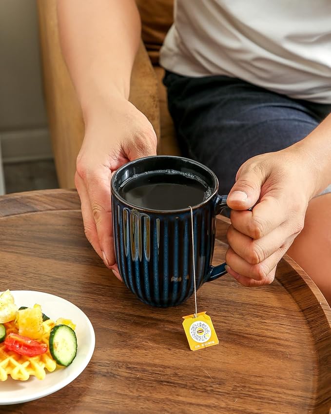 HASENSE 20 Oz Large Ceramic Coffee Mug, Ribbed Textured Tea Cup with Big Easy Grip Handle, Microwave & Dishwasher Safe, Navy Blue Coffee Cup for Cocoa, Tea, Ideal Housewarming & Wedding Gift