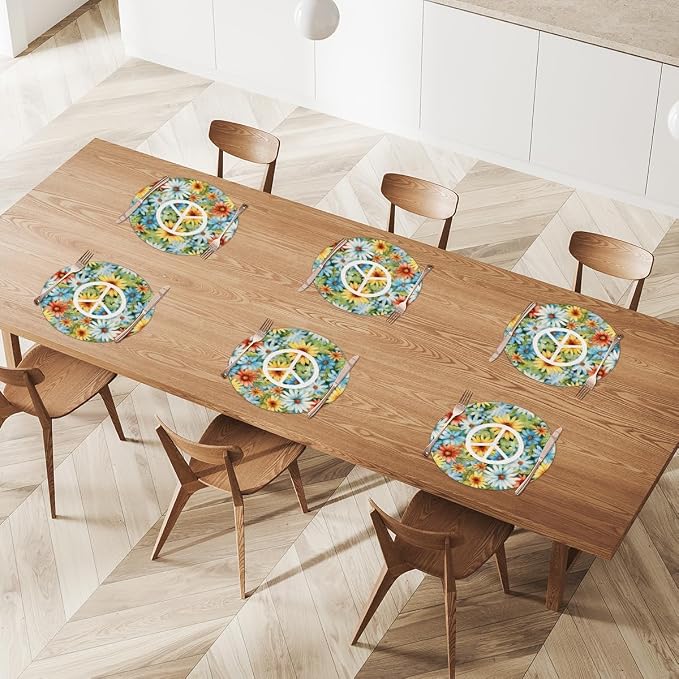 Round Placemats Set of 4, Peace Sign Daisy Sunflowers Woven Placemats Mats Non-Slip Heat Resistant Washable Table Mats Round Braided Place for Farmhouse Kitchen Dining Party Decor 15in