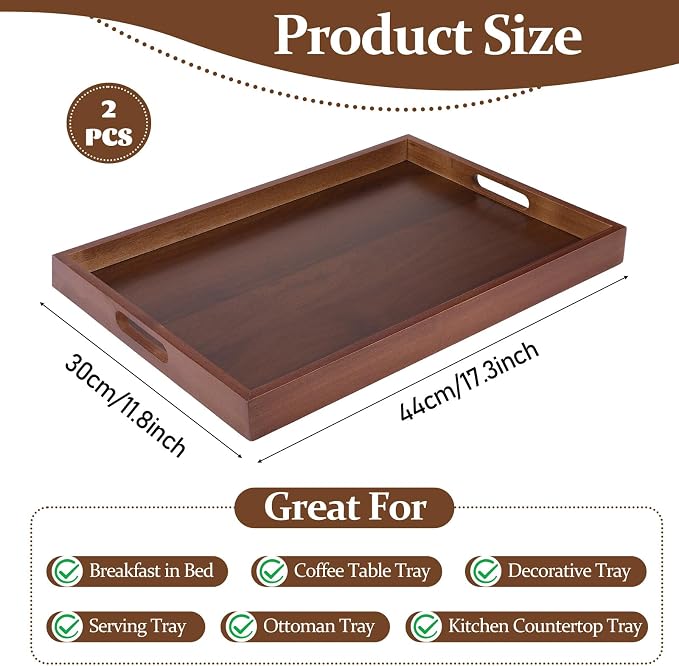 2 Pcs 17 Inch Acacia Wood Serving Trays with Handles, Large Wooden Tray Platter for Ottoman, Breakfast in Bed, Coffee Table, Decorative Rectangular Tray for Living Room Bedroom Kitchen
