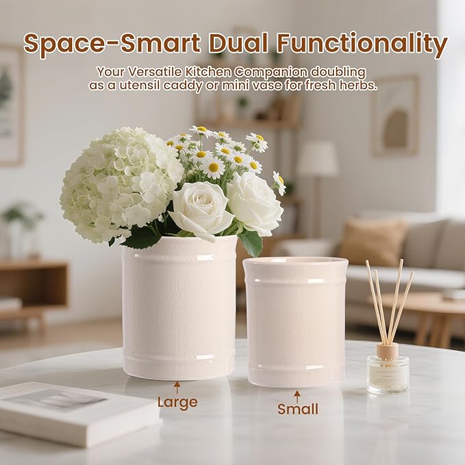 Kitchen Utensil Holder, Larger Ceramic Utensil Crock for Kitchen Counter top & Dining Table (Cream, 5.9" x 5.9" x 6.7")