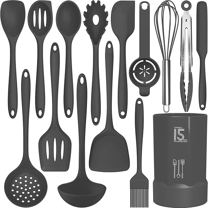 AOTHOD Silicone Cooking Utensils Set - 446°F Heat Resistant Kitchen Utensils,Spatula Sets,Turner Tongs,Spoon,Kitchen Utensil Gadgets Tools Set for Nonstick Cookware,Dishwasher Safe BPA Free (Gray)