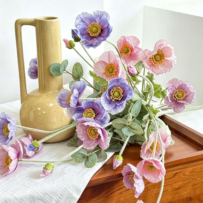 Artificial Poppy Flowers with Eucalyptus Stems, 6pcs Faux Poppy + 2pcs Fake Eucalyptus Branches, Flocked Flexible Wire Stems, Silk Petals, Realistic Faux Greenery for Home Table Decor