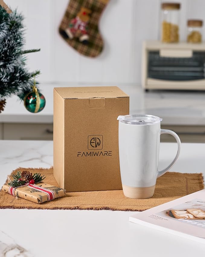 famiware Milkyway Coffee Mug, 20oz Large Coffee Mug, Ceramic Mug with Lid, Tea Cup with Handle for Latte, Tea, Cocoa, Milk, Home & Office, Light Gray