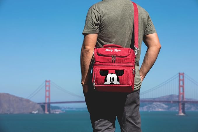 PICNIC TIME Disney Mickey Mouse Pranzo Insulated Lunch Box, Soft Sided Cooler Lunch Bag with Picnic Set, Dual Compartment Lunchbox, (Red)