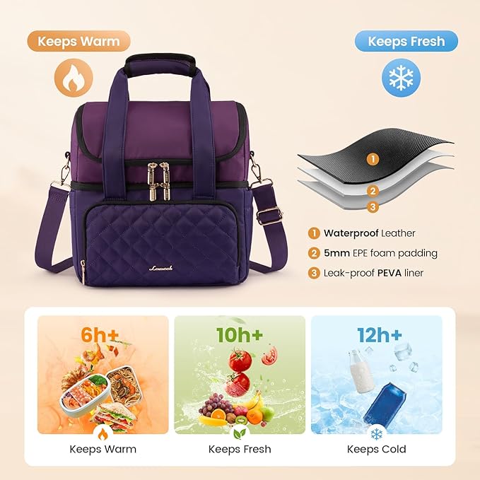 LOVEVOOK Insulated Lunch Bag For Women,X Large Double Deck Adult Lunch Box,Teacher Lunch Tote Bag With Cup Holder,Leakproof Cooler Bag With Adjustable Shoulder Strap For Work Picnic Beach,Larger 24L