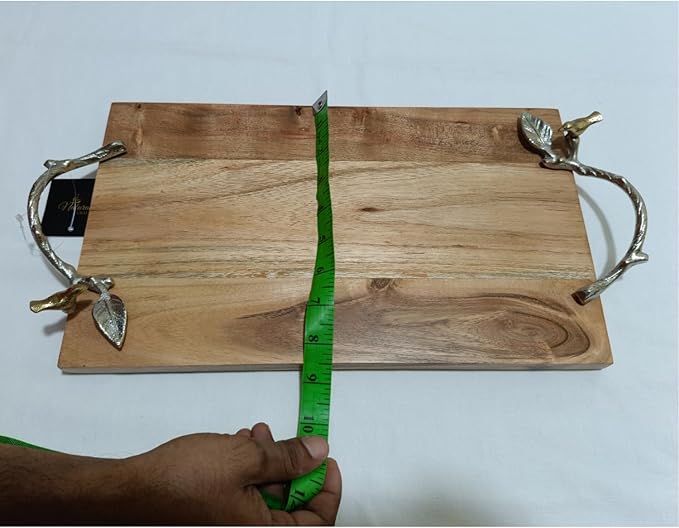 Rustic Wood Serving Tray with Rope Handles, 16 x 8 inches with Metal Handle (Accaia Wood Tray with Silver Bird, Standard)
