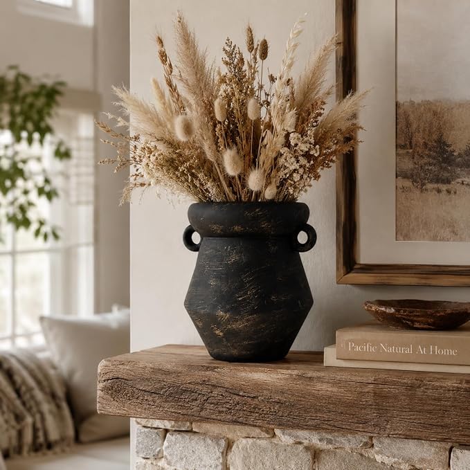Rustic Utensil Holder for Kitchen Counter, 7.4” Tall x 6.2” Wide Farmhouse Ceramic Utensil Crock, Vintage Black Gold Stoneware Jar, Large Kitchen Utensil Holder, Housewarming Gift