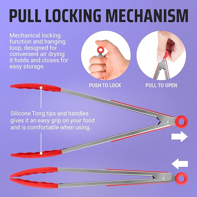 Kaluns Kitchen Tongs for Cooking Grilling Set of 4, BBQ Grill Tongs With Silicone Tip Stainless Steel Heat Resistant, Non-stick Pull Lock, Incl 7, 9, 12 Inch Tong Plus a Silicone Spatula