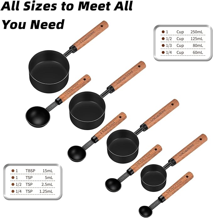 Wooden Handle Measuring Cups & Spoons Set 8-Piece – Stainless Steel, Stackable, Rustic Farmhouse Kitchen Gadgets, Non-Toxic, Dishwasher Safe, Gift for Bakers & New Homeowners