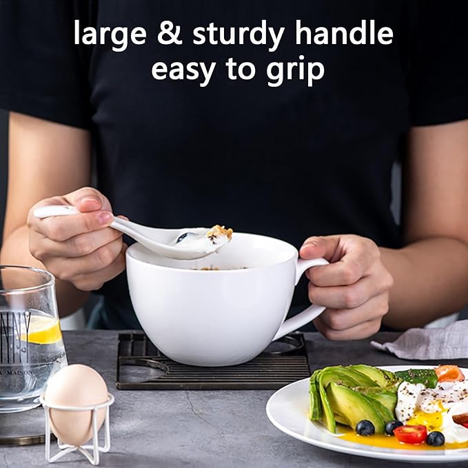 Chulan 22 oz Extra Large White Bone China Cereal Mugs Set of 2, Ceramic Coffee Mug, Latte Mugs Mocha Tea Cup, Jumbo Porcelain Soup Mugs with Big Handle for Desserts Snack, Microwave Dishwasher Safe