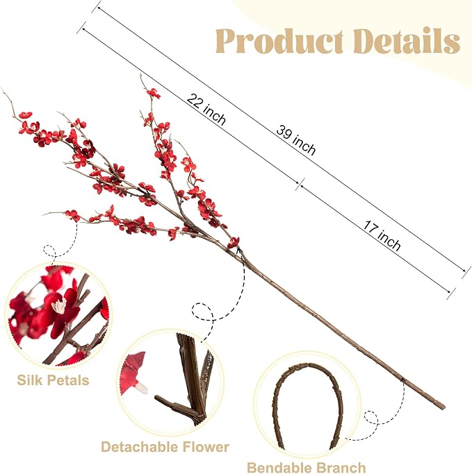 Ammyoo 4Pcs Cherry Blossom Branches Artificial Flowers for Spring Summer Indoor Decoration,Faux Long Stem Artificial Flowers for Wedding Home Office Bedroom Party Table Centerpieces Decor(Red)