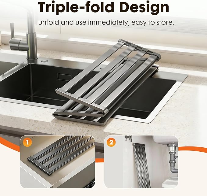 Foldable Over Sink Dish Drying Rack, Extra Wide & Thick Rust-Proof Aluminum Sink Cover for Counter Space, Collapsible Dish Drying Rack Fits Most Kitchen Sinks (Gray, 17.7“x13.6)