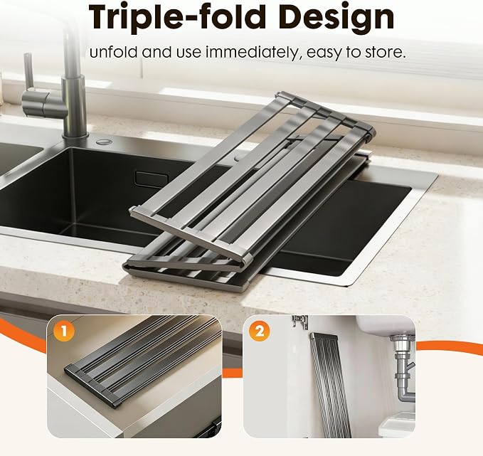 Foldable Over Sink Dish Drying Rack, Extra Wide & Thick Rust-Proof Aluminum Sink Cover for Counter Space, Collapsible Dish Drying Rack Fits Most Kitchen Sinks (Gray, 13.8“x13.6)