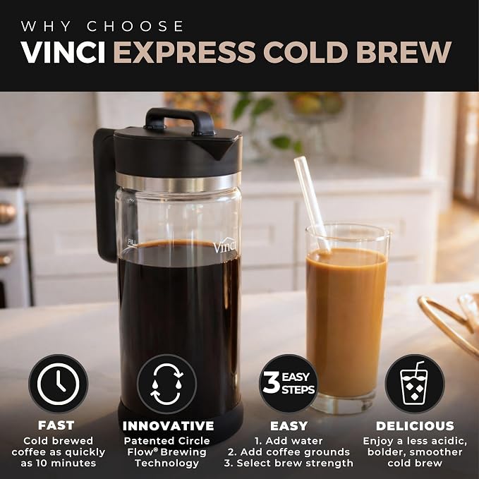 VINCI Express Cold Brew, Electric Cold Brew Coffee Maker in 10 minutes, Glass Carafe, 3 Brew Strength Settings & Cleaning Cycle, Easy to Use & Clean, Cold Brewer for Iced Coffee, 1.4 L