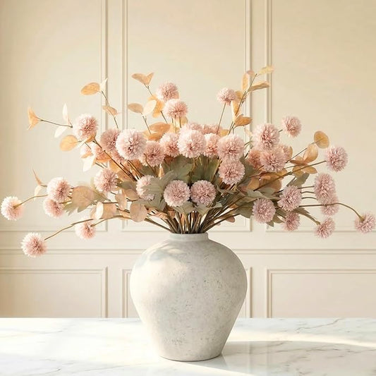 Artificial Flowers for Vase - Beige Silk Mums 10 Long Stems with Eucalyptus, Faux Flowers Home Decor, Neutral Tan Cream Floral Arrangement, Fake Chrysanthemum Pom Pom Stems, Spring Fall Centerpiece