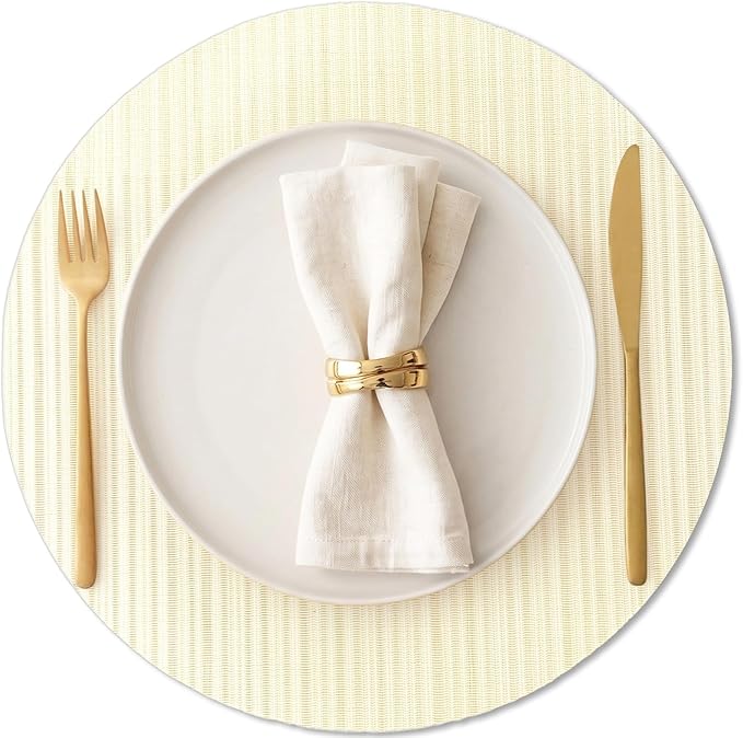 AHHFSMEI Round Placemats Set of 6 Woven Vinyl Non-Slip Heat Resistant Stain Resistant Easy Clean Place mats for Dining Table(Beige)