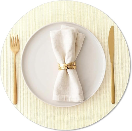 AHHFSMEI Round Placemats Set of 6 Woven Vinyl Non-Slip Heat Resistant Stain Resistant Easy Clean Place mats for Dining Table(Beige)
