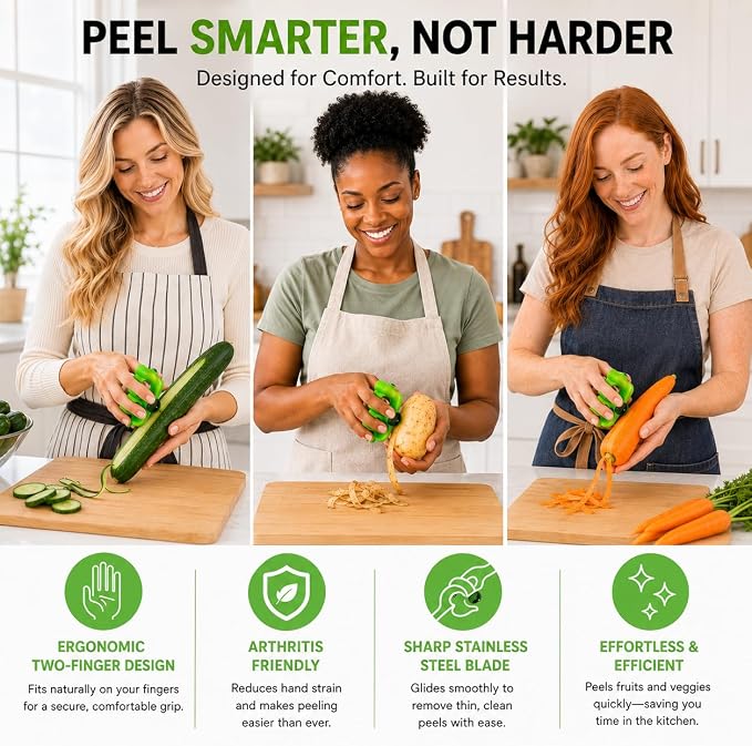 2-Finger Vegetable Peeler – Ergonomic Fruit & Vegetable Peeler with Secure Finger Grip, Sharp Stainless Steel Blade, Easy-Control Kitchen Peeling Tool for Carrots, Potatoes, Cucumbers & More
