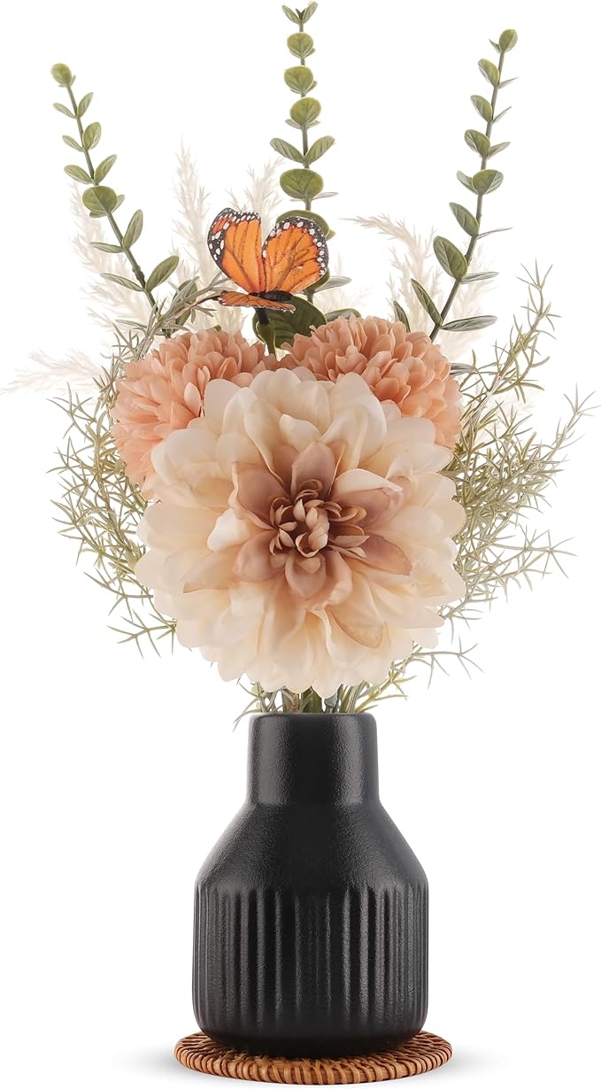 Small Fake Flowers in Vase 14"Centerpiece Table Decorations Silk Flowers Arrangements Ceramic Vase Dahlia Chrysanthemum Artificial Flowers Bouquet for Bathroom Dining Room Kitchen Wedding (Black)