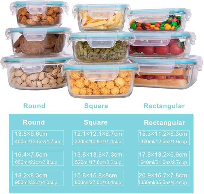 AILTEC Glass Food Storage Containers with Lids, [18 Piece] Glass Meal Prep Containers Set, Airtight Leak Proof, Oven Freezer Dishwasher Safe, BPA Free (9 Lid & 9 Container)
