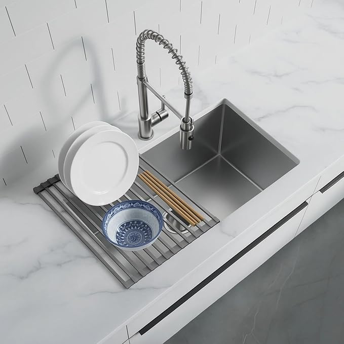 Dowell Over The Sink Roll-Up Dish Drying Rack Silicone Wrap, 17 Rods Dishwasher Safe, Food Safe, Heat Resistant, Foldable, Space-Saving, Multi-Purpose Sink Organizer for Any Surface