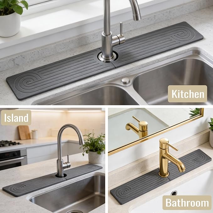 Hopegiver Stone Faucet Mat for Kitchen Sink - Fast Drying Diatomite Sink Protector Prevent Moisture, Super Water Absorbing Stone Tray for Kitchen & Bathroom Counter (Gray, 23.6"x3.9")