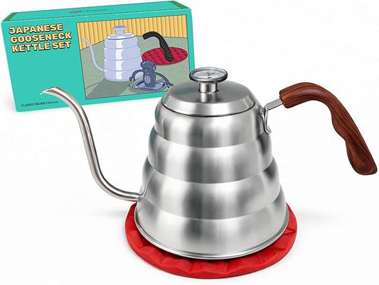Silver Japanese Gooseneck Kettle Stovetop with Thermometer and Insulated Handle (4-piece, 40.6 oz /1200ml), Stainless Steel Pour Over Tea Stovetop Kettle, Precision Pour Kettles Pot