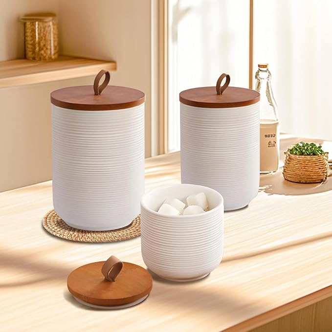 Food Storage Jar Strong Ceramic Storage Canisters with Airtight Wooden Lid,Kitchen Storage Containers for Serving Coffee Beans, Tea, Sugar, Salt, Spices (Big white 44 oz)