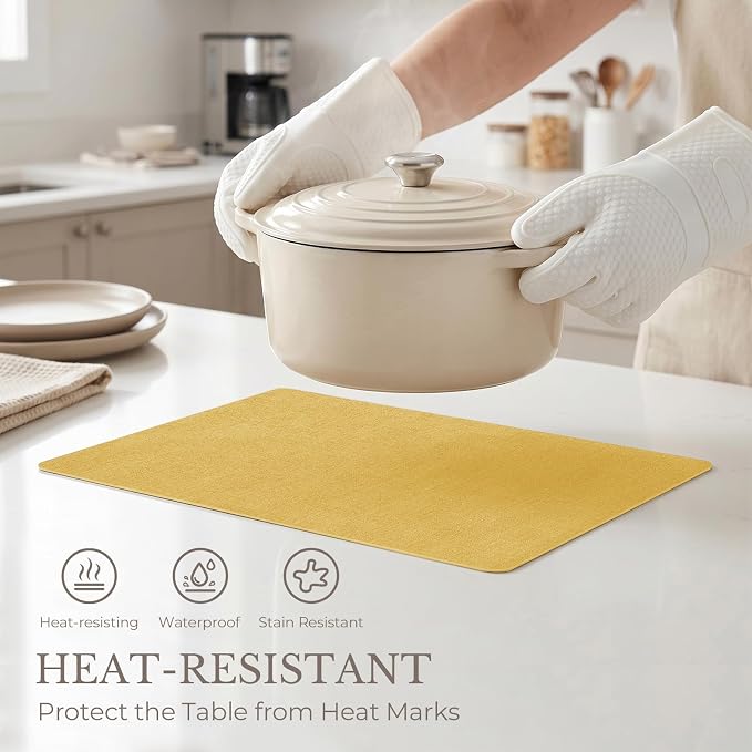 Romanstile Vinyl Placemats Set of 6-12 X 17 Inch - Faux Leather 100% Waterproof Wipeable Anti Slip Place Mats, Heat Resistant Reversible PU Table Mats for Kitchen Dining Party Outdoor, Yellow