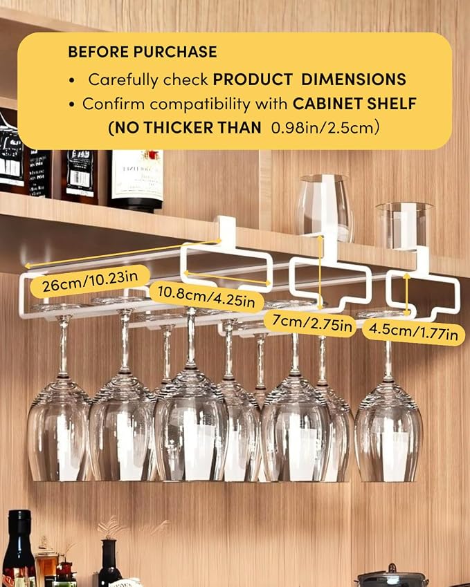 LINFIDITE 2 Pack Wine Glass Holder Stemware Rack Hanger Under Cabinet Wine Glass Rack Kitchen Hanging Storage Rack Organizer,White(For Partition Thickness under 0.98")