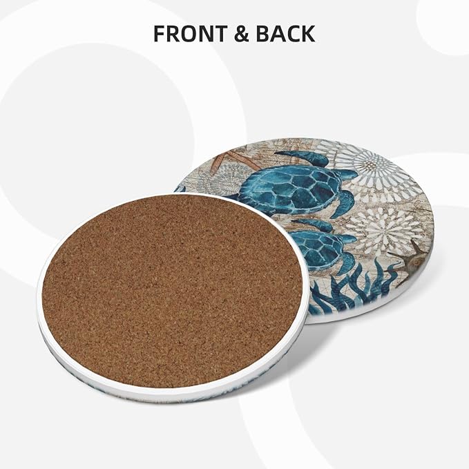 Nautical Coastal Green/Blue Turtle 6 Pcs Ceramic Coaster Set with Holder/Cork Ocean Beach Funny Man Boy Teen Animal Absorbent Round Cup Drink Coasters Set for Modern Coffee Table Bar Wine Beer Protect