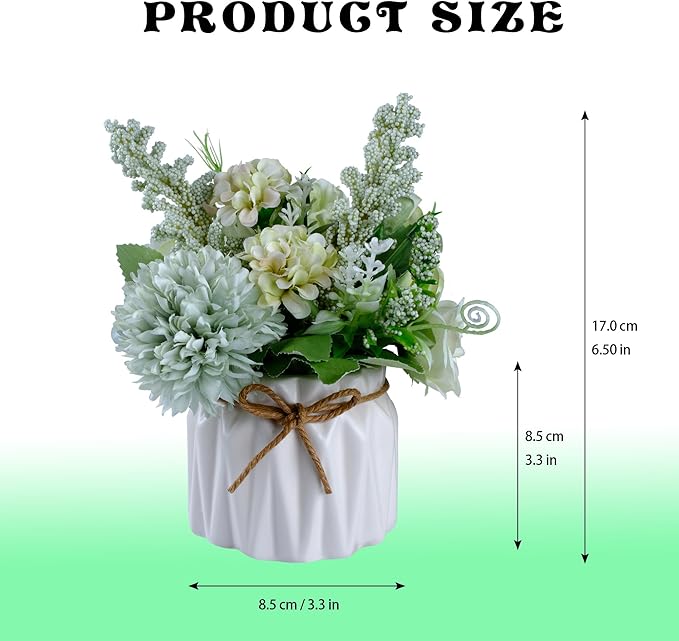 Artificial Potted Flowers, Small Ceramic Vase Fake Flower Plants Desktop Decoration Indoor for Home and Office, Faux Flowers Hydrangea Decora for Table,Bookshelf,Bedroom,Living Room,Party.(Green)