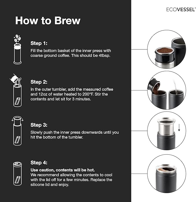 EcoVessel Travel French Press, Portable Coffee Maker, Stainless Steel Insulated Coffee Press, Reusable Single Serve Bottle for On-The-Go Use, 14oz (Stone)
