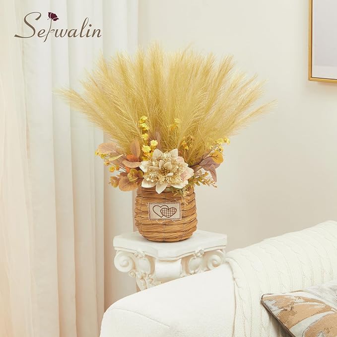 Serwalin 60Pcs Gold Pampas Grass Decor, 17.7" Faux Pampas Grass, Artificial Short Pompas Grass Branches Fluffy Plant Vase Filler Boho Decoration for Home Wedding Party
