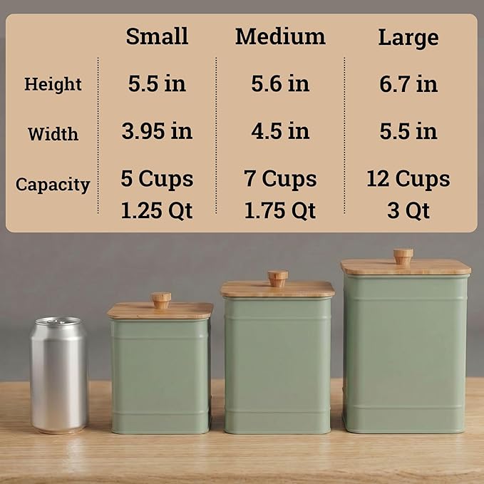 Kitchen Canisters for Countertop Set of 3 with Customizable Chalkboard Labels & Marker Pen - Big Iron Kitchen Canisters with Airtight Lids - Sage Green Canister Set - Flour and Sugar Containers