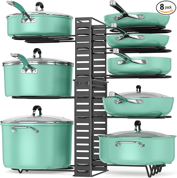 ORDORA Pots and Pans Organizer under Cabinet, 8 Tier Pot Organizers Rack Expandable 11.65" to 19.02" Height with 3 DIY Methods, Adjustable Pan Organizer inside Cabinet Kitchen Storage Organization