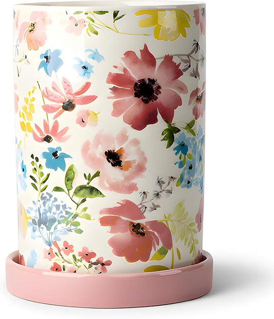 Utensil Holder for Kitchen Counter, Large Ceramic Utensil Holder Crock with Drain Tray, Hand-Painted Floral Rustic Farmhouse Kitchen Crock, Perfect for Women, Christmas, Hostess Gifts & Fall Decor