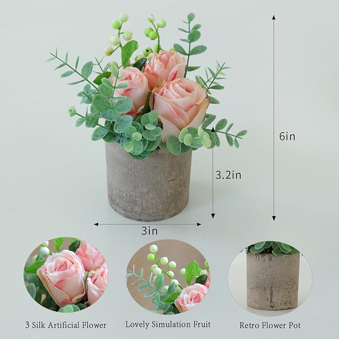 Small Artificial Burnt Pink Rose Potted Plant, 6" Fake Silk Flowers in 3" Cylindrical Pot, Mini Faux Floral Arrangement for Desk Shelf Bathroom Decor